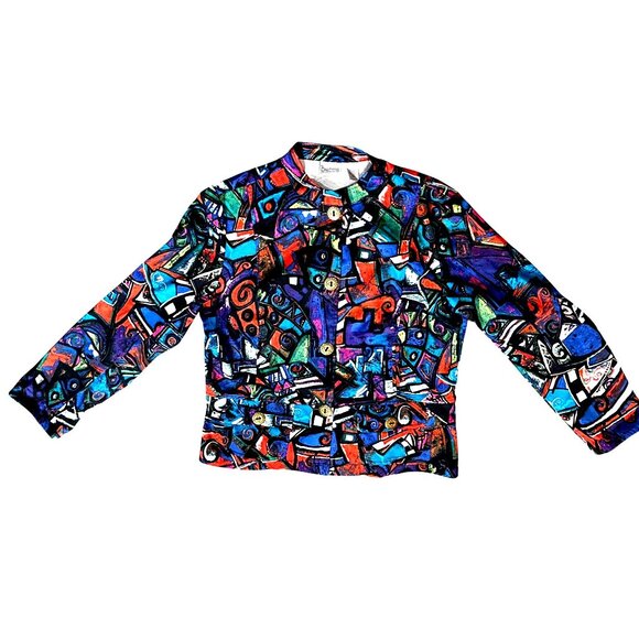 Chicos Abstract Print Jacket Button Front Colorful Artsy Statement Shacket SZ 2 - Picture 5 of 9